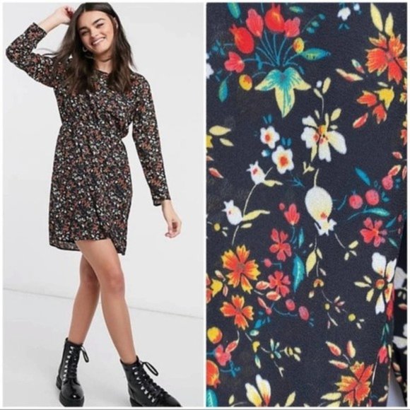 J. Crew Dresses & Skirts - J Crew Mercantile Black Versailles Floral Tulip Hem Long Sleeve Short Dress 10